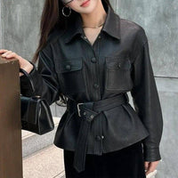 Edgy Faux Leather Belted Jacket in Black
