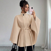 Batwing Cape Jacket with High Neck and Tie-Waist