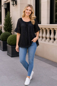 Italian Womens Crochet Lace Top – Boho Tie Neck Tunic Flared Sleeve Blouse UK 8–20