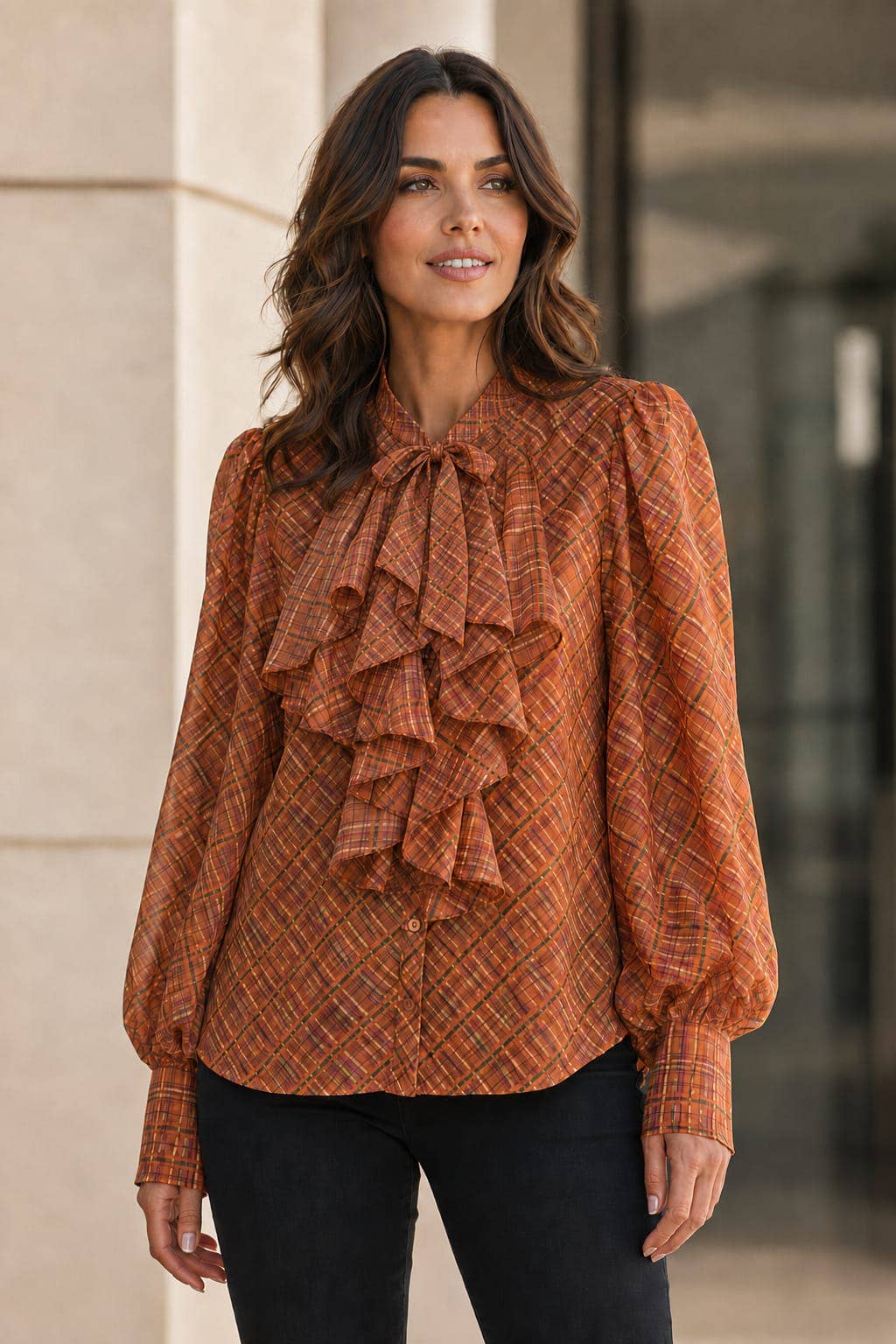 Royal Check Lyocell Silky Frill Blouse
