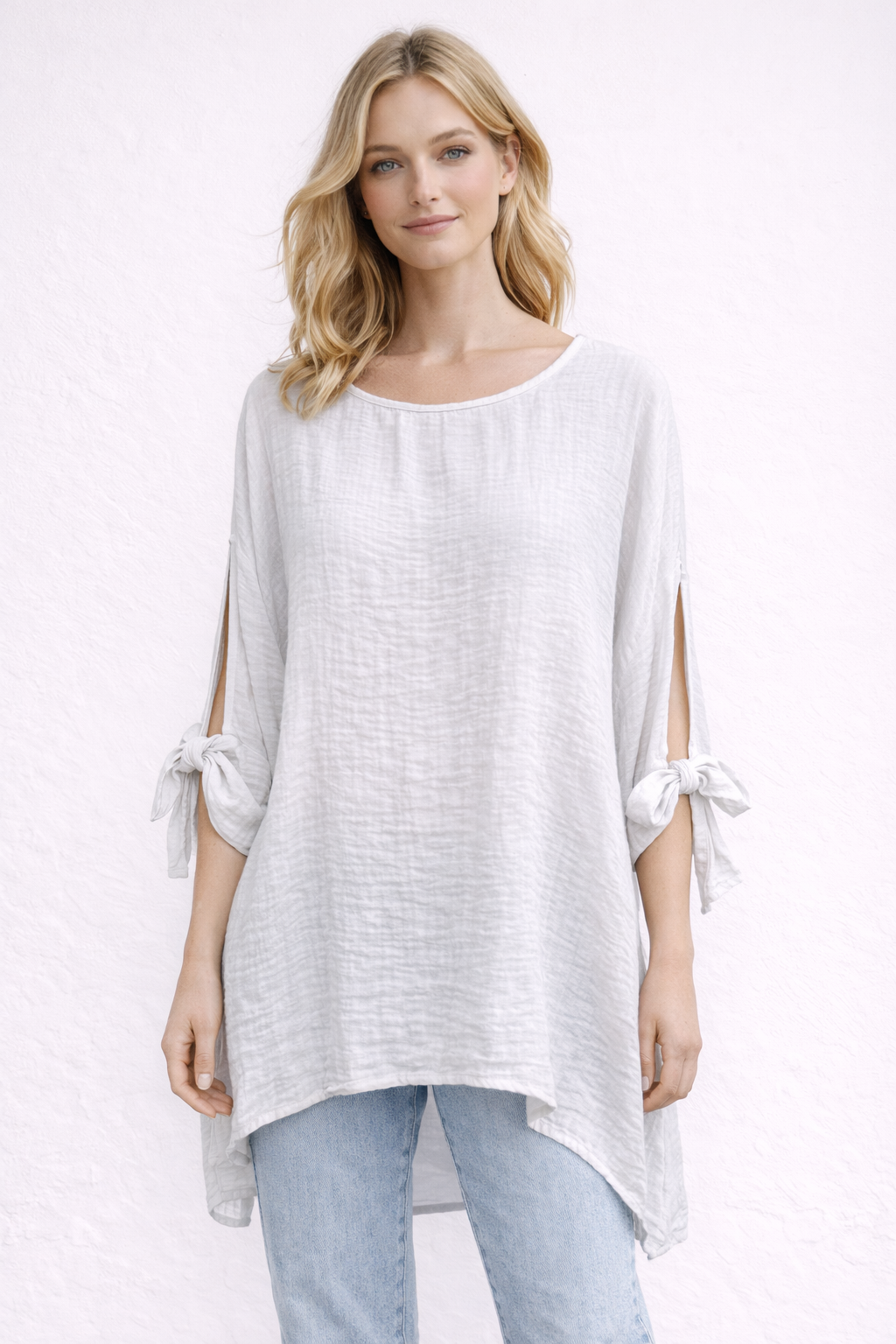 Waffle Texture Loose Fit Top with Bow Sleeve Detail