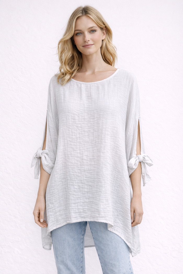 Waffle Texture Loose Fit Top with Bow Sleeve Detail