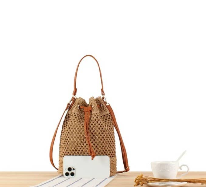 Medium Size Draw String Two-toned Paper Straw Bucket Bag