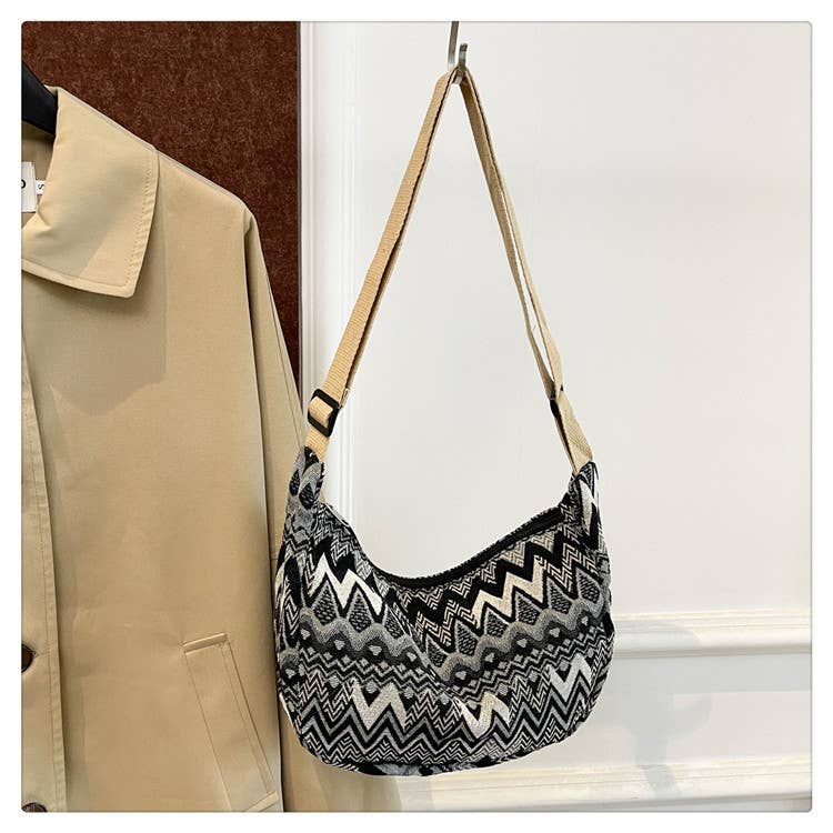 Medium Size Multicolour Zigzac Print Canvas Shoulder Bag