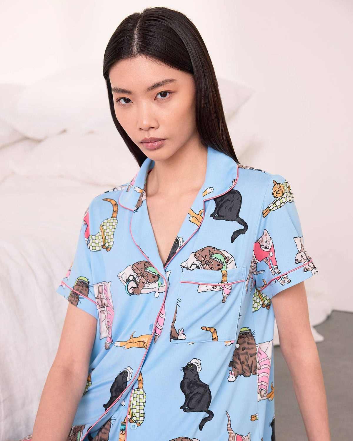 Sleepy Cats Print Button-Up Short Pyjama Set