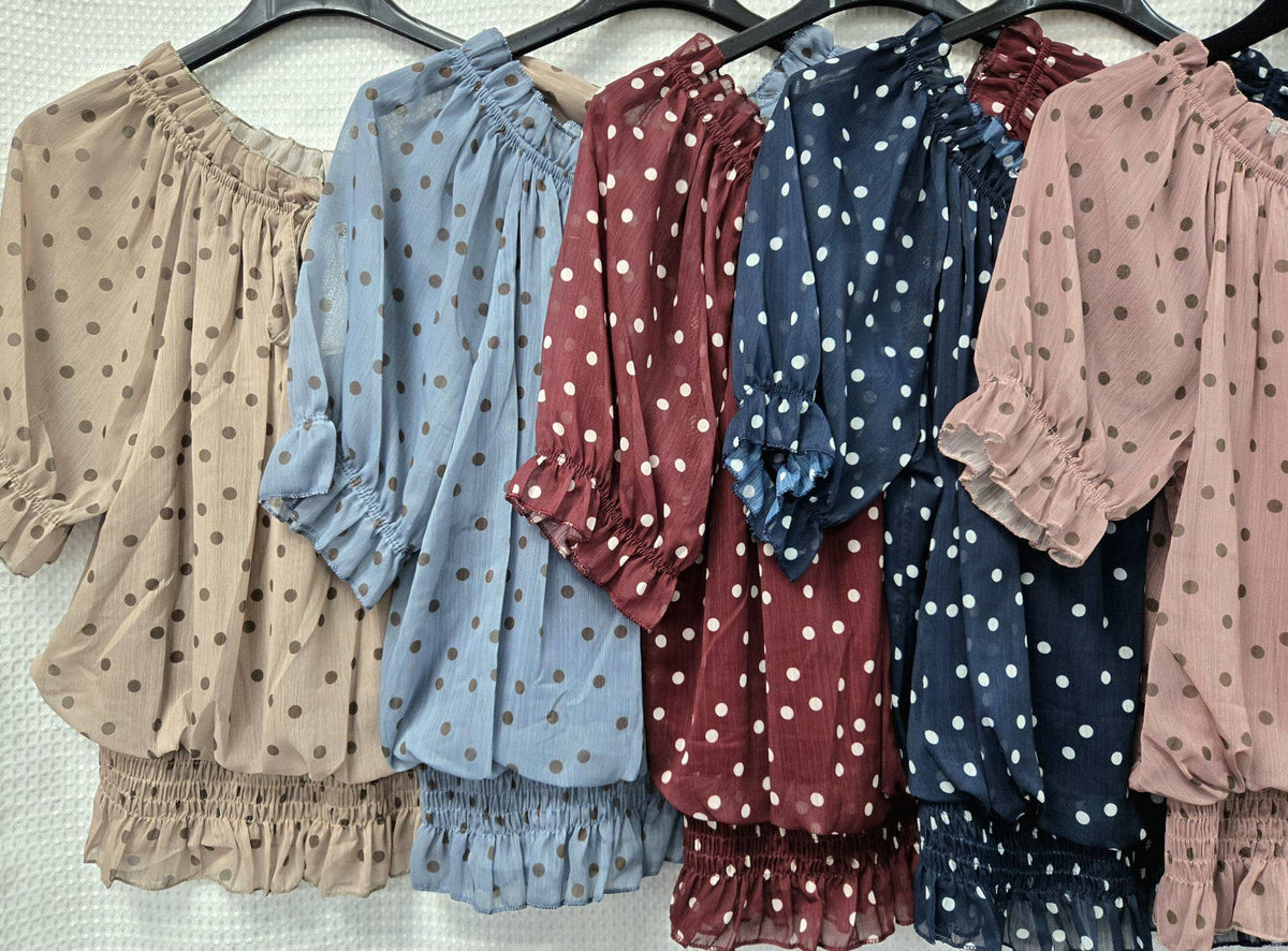 Polka Dot Bardot Chiffon Top