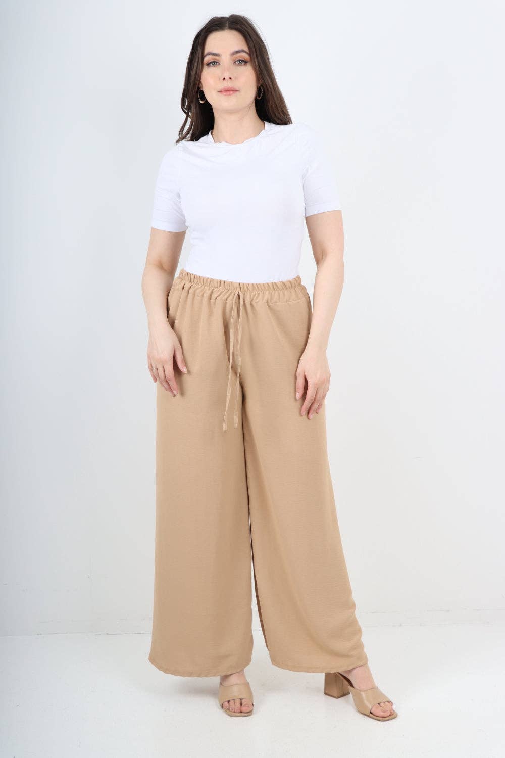 Italian Elastic Waistband Drawstring Wide Leg Trousers