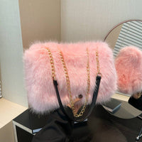 Faux Fur Flap Over Chain Strap Shoulder Bag