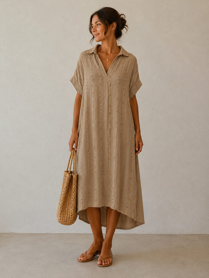 Linen Cotton Collared Stripe Dress