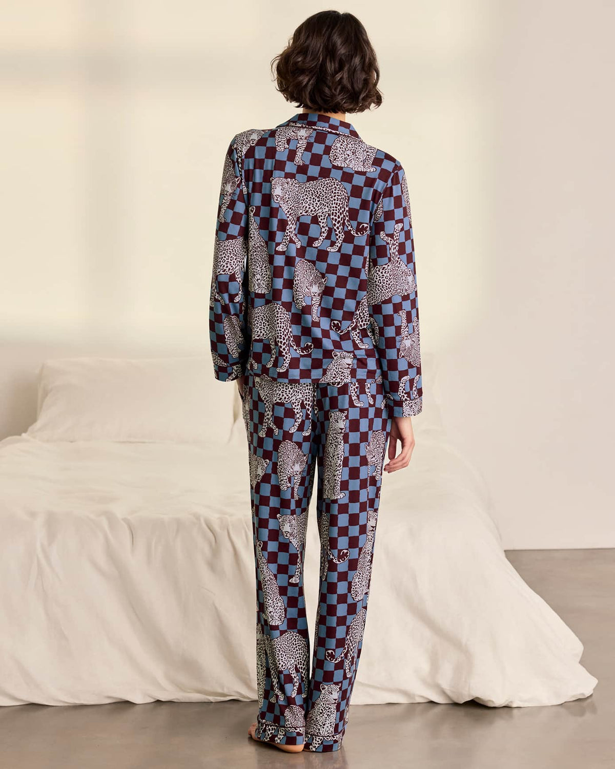 Midnight Checkerboard Leopard Print Long Pyjama Set