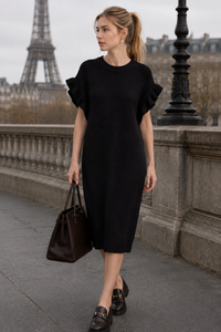 Frill-Sleeve Ribbed Knit Midi Dress