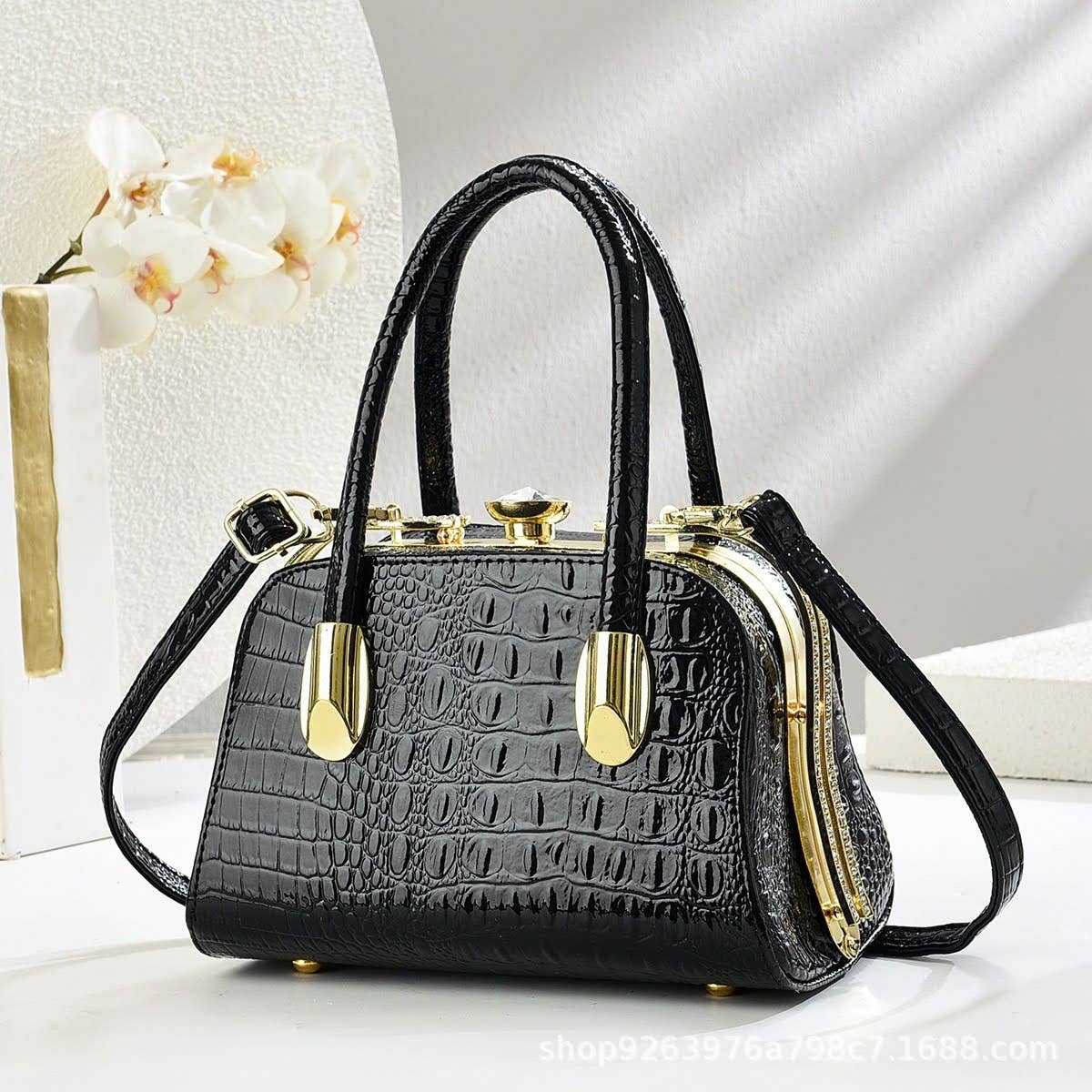 Small Medium Croc Pattern Diamante Top Handle Shiny Bag