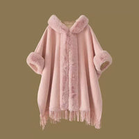Hooded Poncho Cape with Faux Fur Trim & Fringe