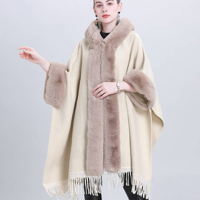 Hooded Poncho Cape with Faux Fur Trim & Fringe