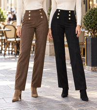Gold Button Suedette Straight Leg Trousers