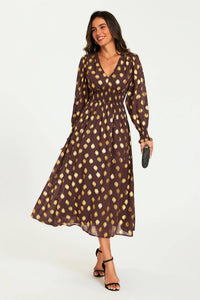 Gold Foil Long Sleeve Maxi Dress In Brown