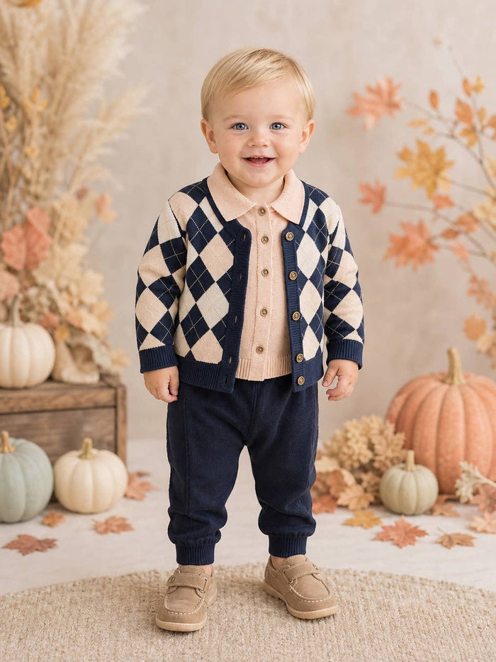 Baby Boys 3 piece set, Polo, Cardigan and Trousers - 3290 a
