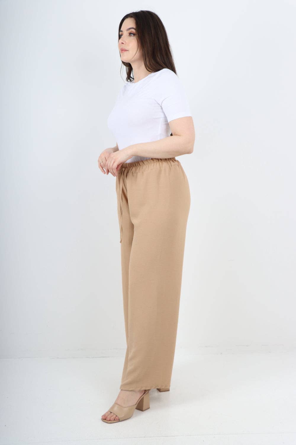 Italian Elastic Waistband Drawstring Wide Leg Trousers