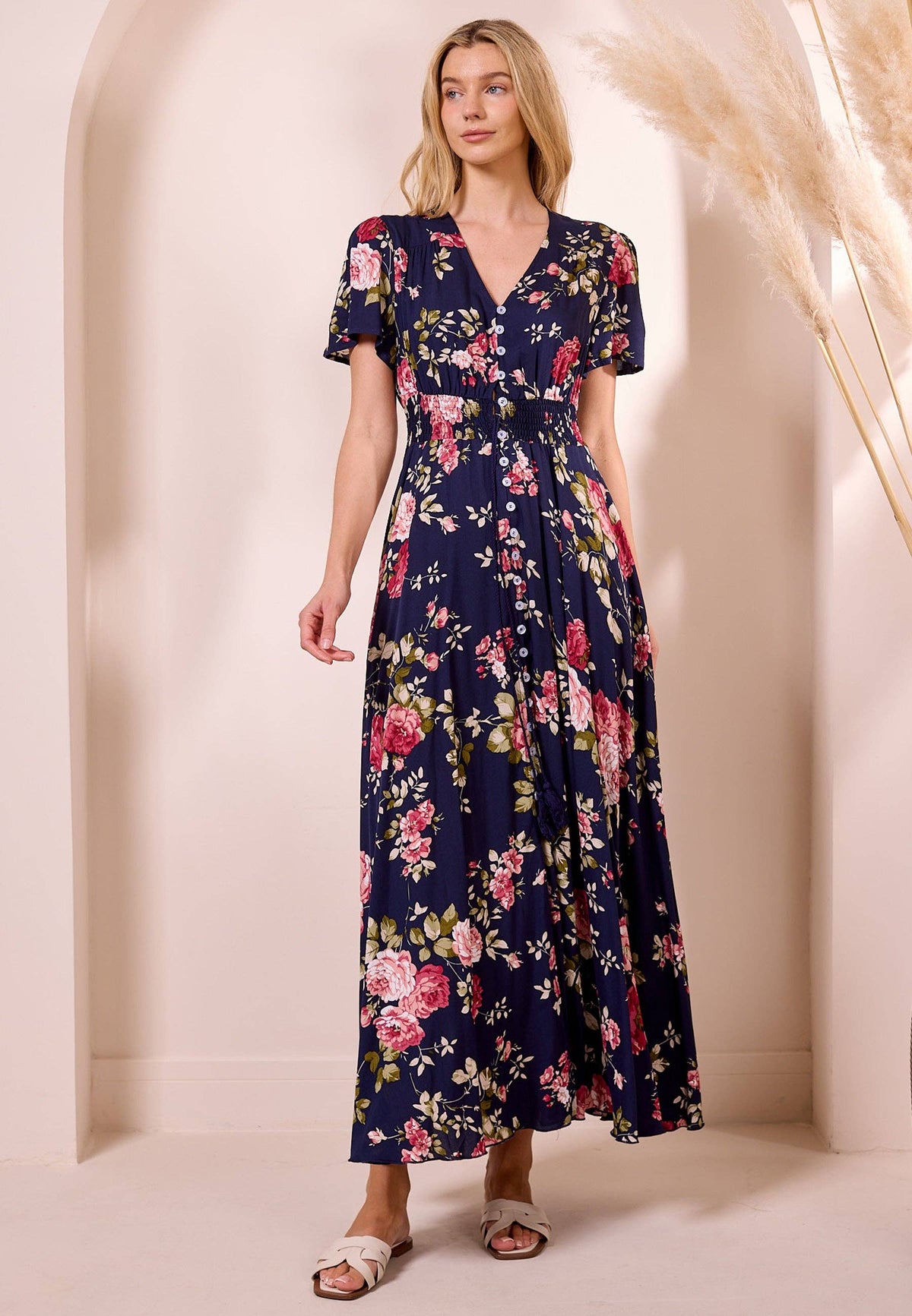 Ruched Waist Maxi Dress in Navy Floral Print
