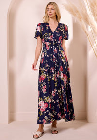 Ruched Waist Maxi Dress in Navy Floral Print