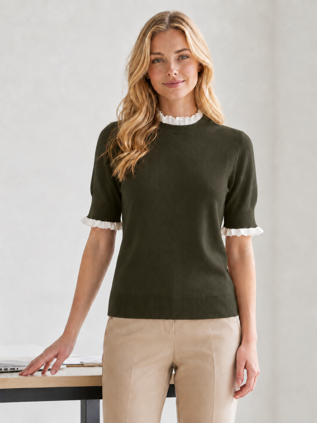 Lace Frill Short-Sleeve Knit Top