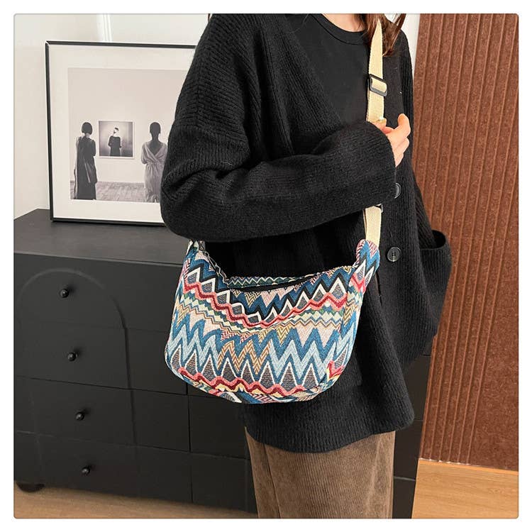 Medium Size Multicolour Zigzac Print Canvas Shoulder Bag