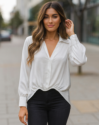 Sateen V Collar High Low Padded Shoulder Blouse