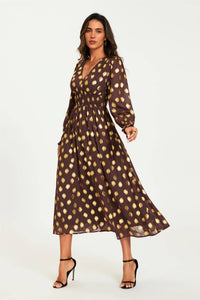 Gold Foil Long Sleeve Maxi Dress In Brown