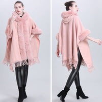 Hooded Poncho Cape with Faux Fur Trim & Fringe