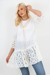 Italian Crochet Lace Tunic Top – V Neck Tie Front Embroidered Longline Summer Top