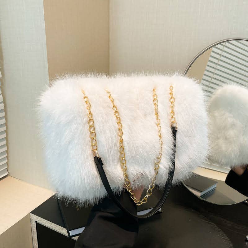 Faux Fur Flap Over Chain Strap Shoulder Bag