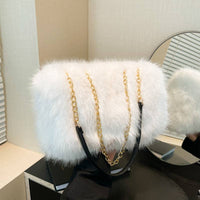 Faux Fur Flap Over Chain Strap Shoulder Bag