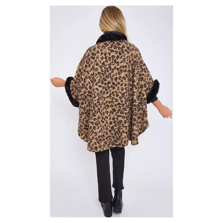 One Size Faux Fur Front Opening Animal Print Cape Sha-Fur485