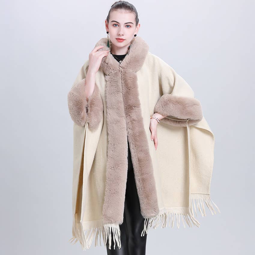 Hooded Poncho Cape with Faux Fur Trim & Fringe