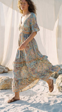 Boho Backless Summer Maxi Dress Romantic Paisley Gown
