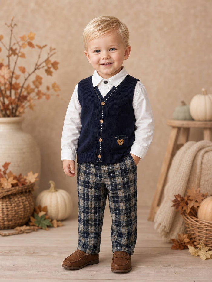 Boys 3cpc set (Check trouser-shirt-knitted sleeveless top)