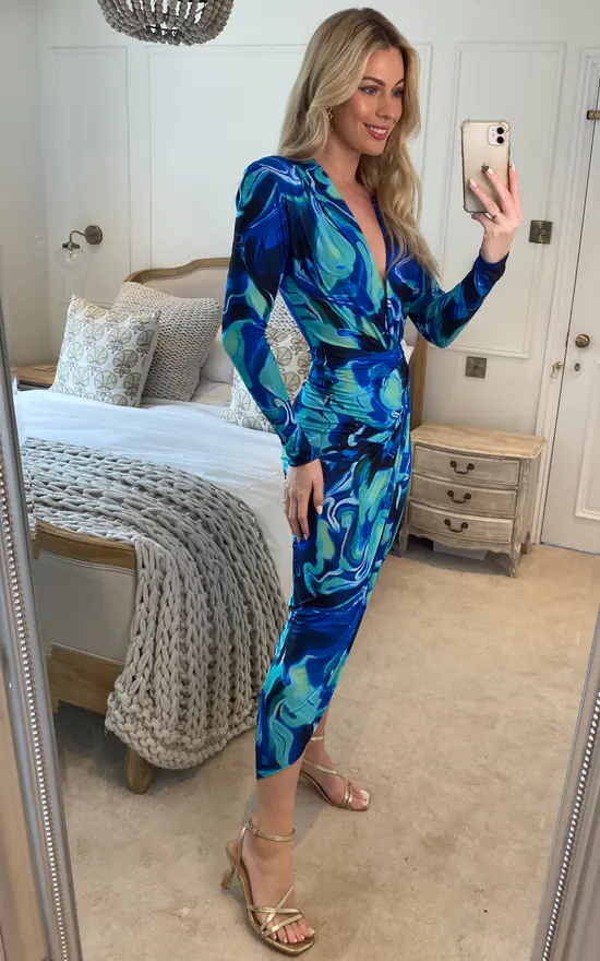 Plunge Neck Faux Wrap Midi Dress in Blue Abstract