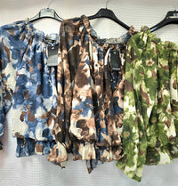 Abstract Floral Ruffle Bardot Blouse