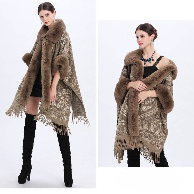 Luxurious Paisley Cape with Faux Fur Collar and Cuffs