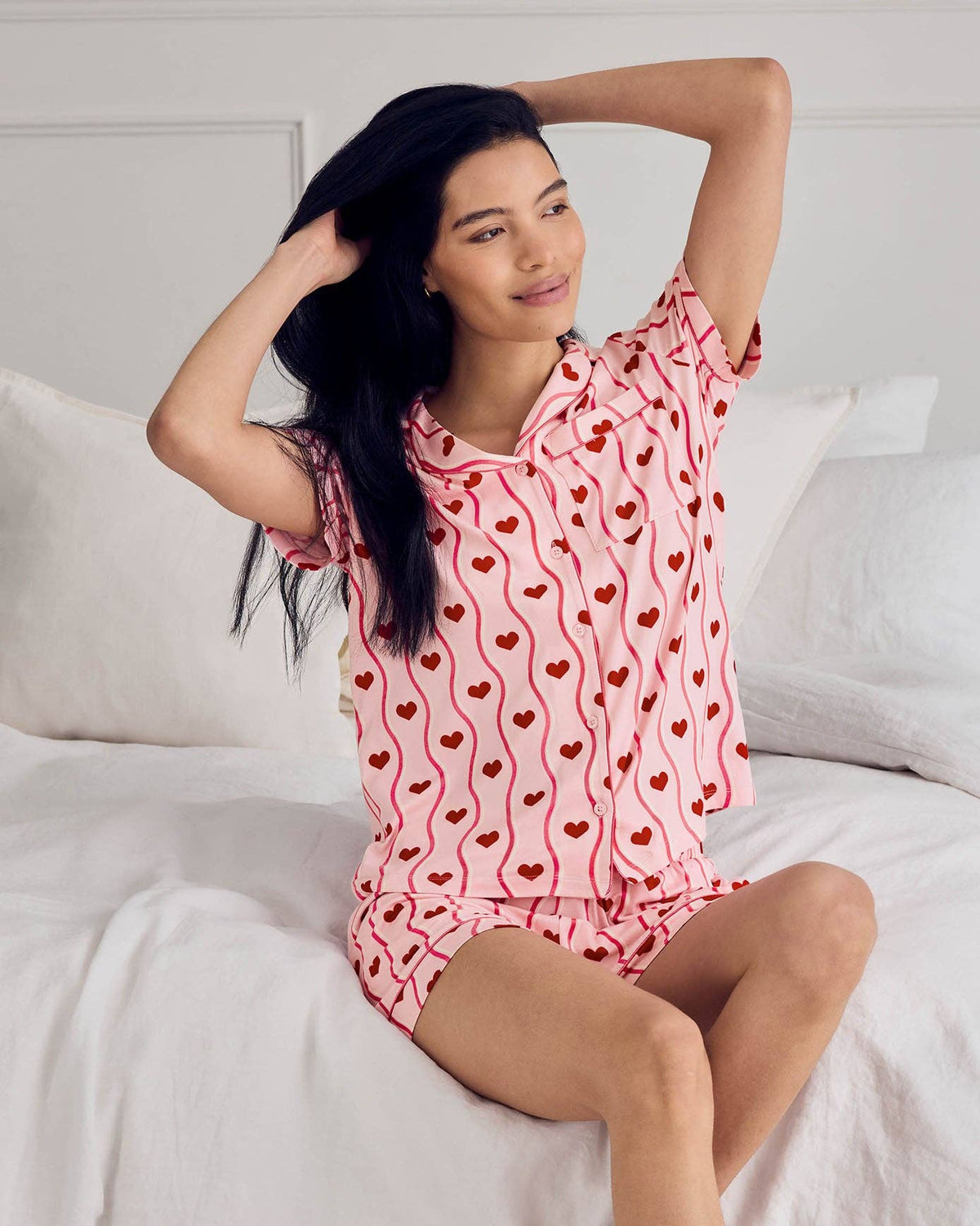 Wavy Stripe Heart Print Short Pyjama Set