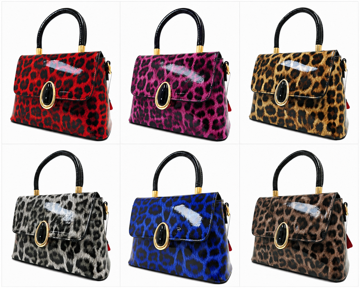 Elegant Glossy Leopard Print Top Handle Handbag-912-2