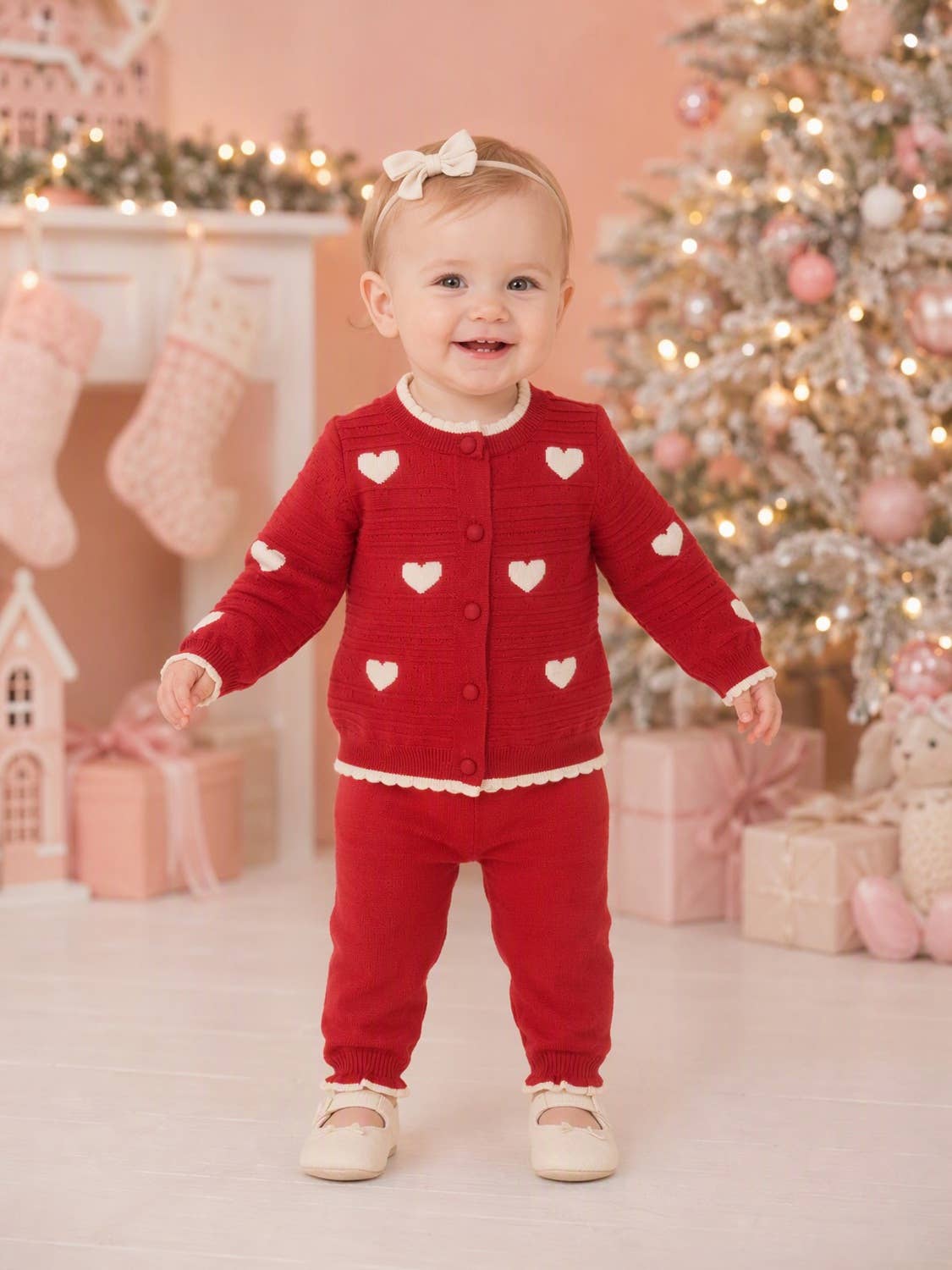 Baby Girls red heart 2 piece cardigan and trouser set - 30361