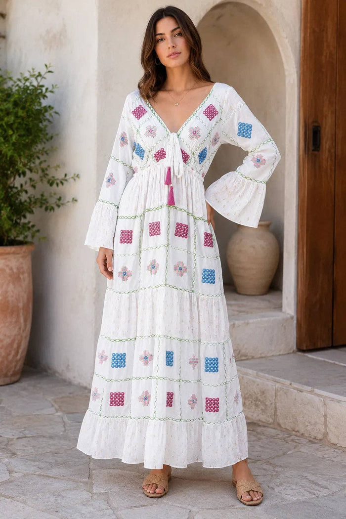 Womens Embroidered Boho Cotton Maxi Dress - 2 colours