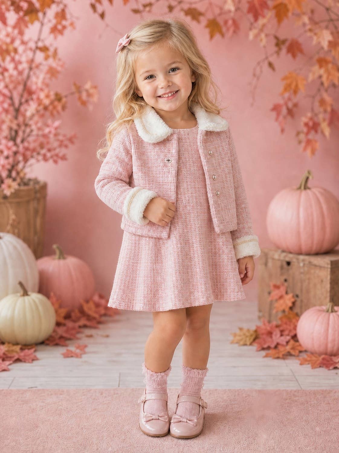 Girls soft pink tweed-style dress and jacket set