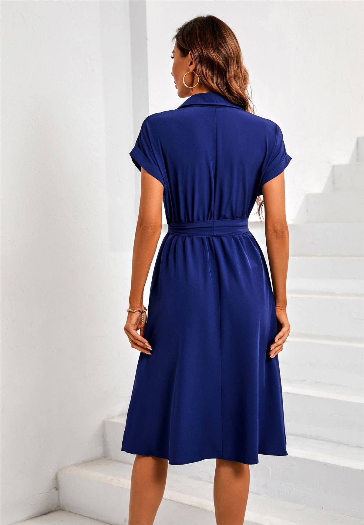 Short Sleeve Shirt Midi Dress In Navy