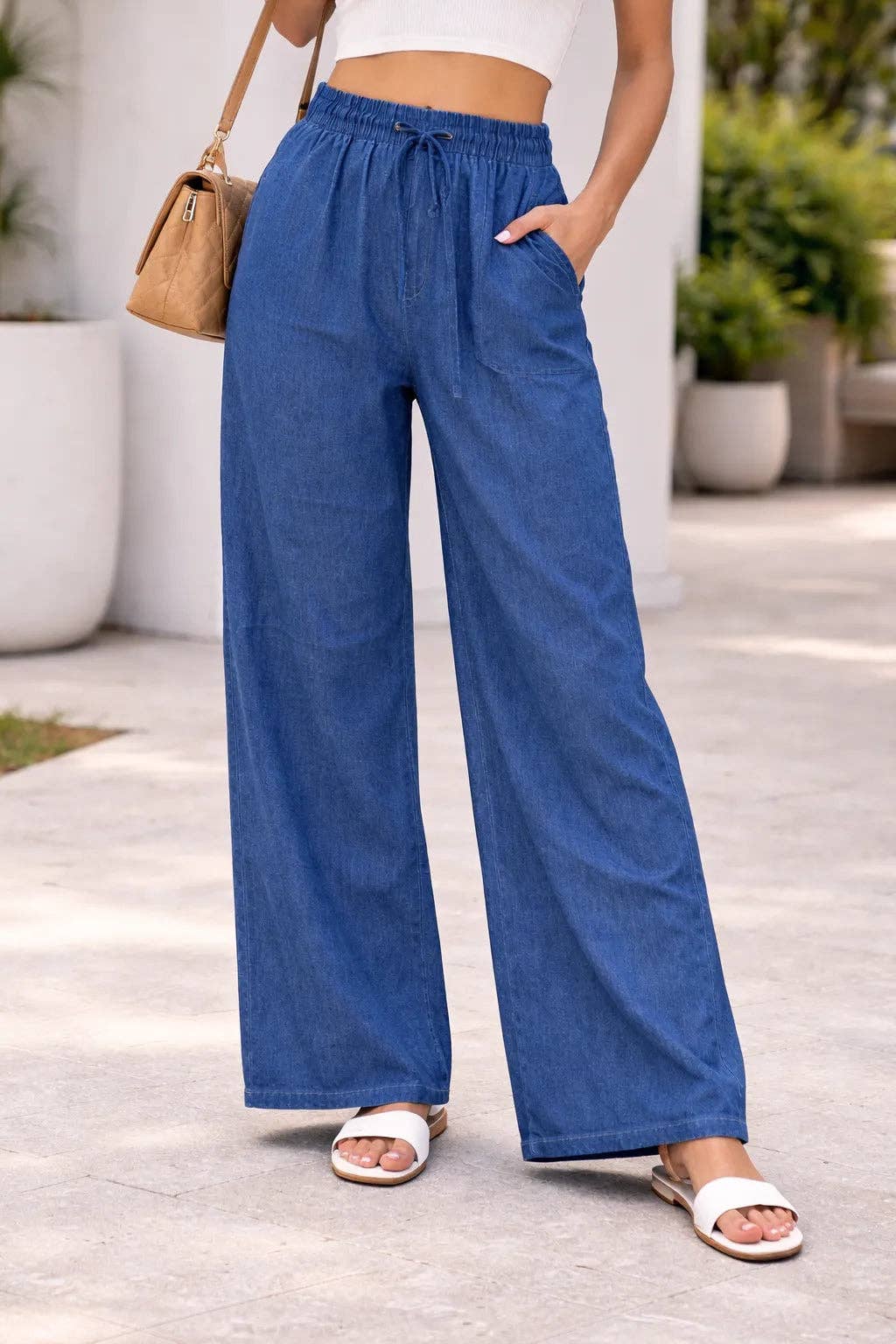 Italian Womens High-Waist Wide-Leg Loose Fit Denim Trousers.