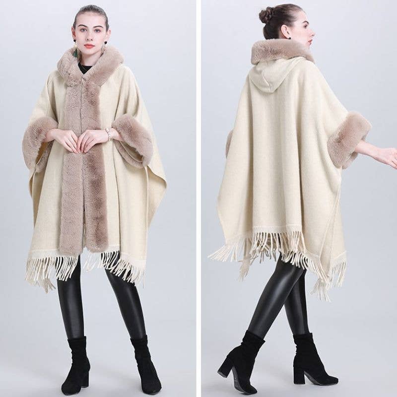 Hooded Poncho Cape with Faux Fur Trim & Fringe