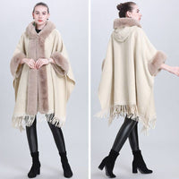 Hooded Poncho Cape with Faux Fur Trim & Fringe