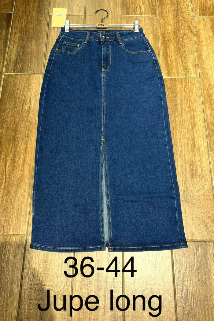 Voggo Classic Cotton Denim Slit Maxi Skirt