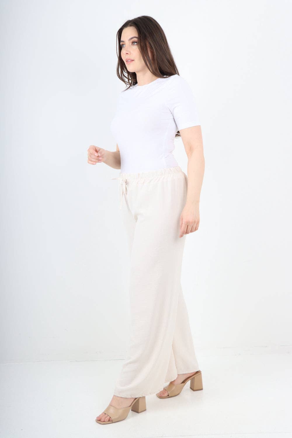 Italian Elastic Waistband Drawstring Wide Leg Trousers